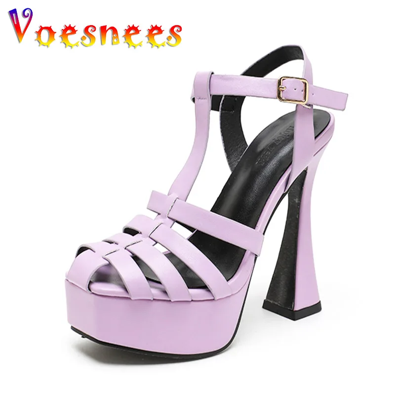 

2023 Summer Retro Women Shoes Gladiators Fashion Buckle Strap High Heels 13CM Chunky Heel Sandals Purple Sexy Hollow Out Pumps