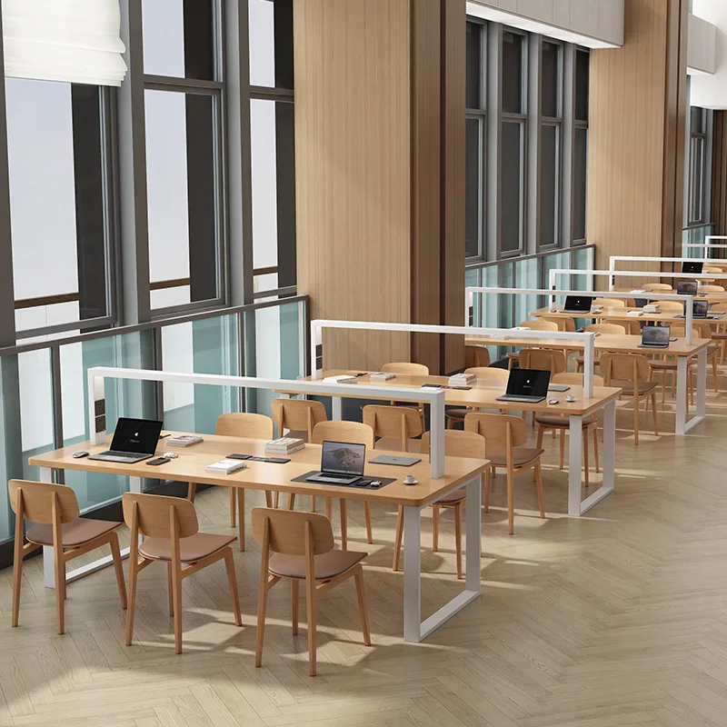 Library reading table, study room bookstore office desk and chair combination, solid wood with lamp