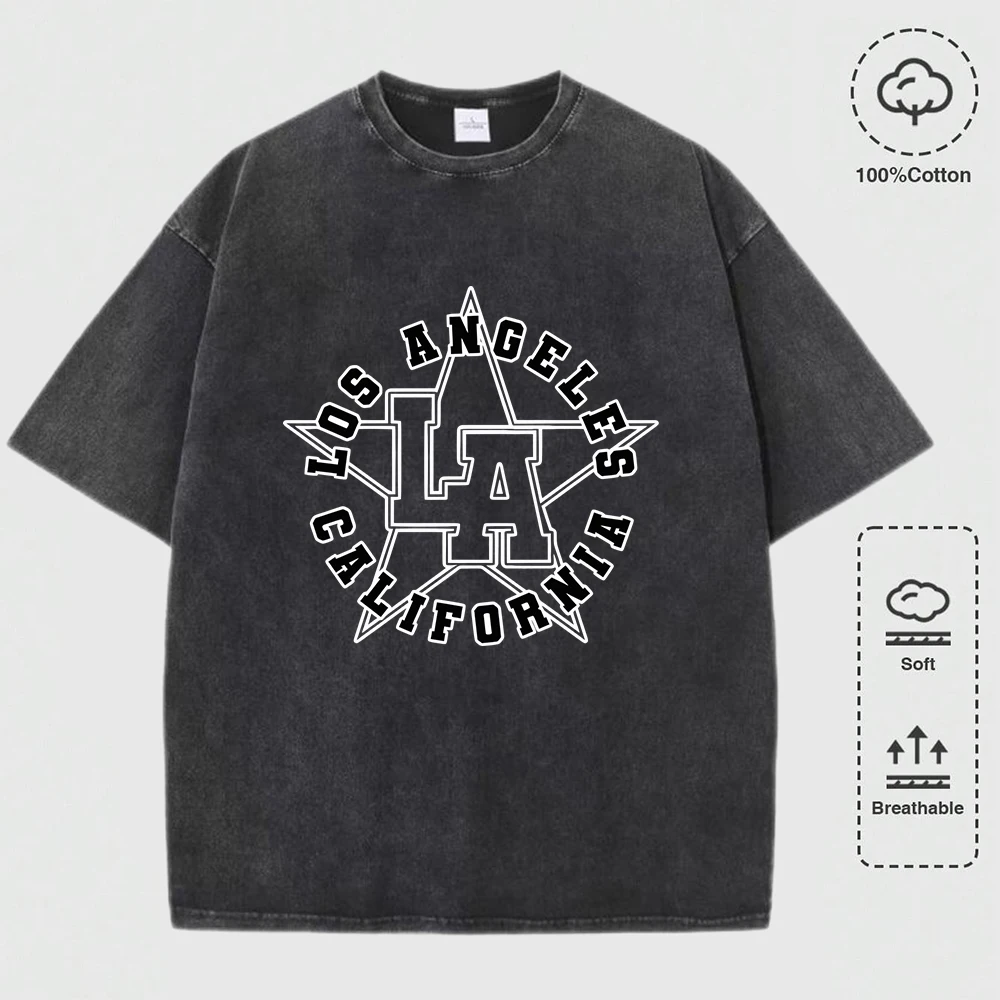 

Los Angeles California Star Print Washed T Shirt Man Summer Crewneck Clothes Trendy Cotton Tops Casual Oversize T-Shirts