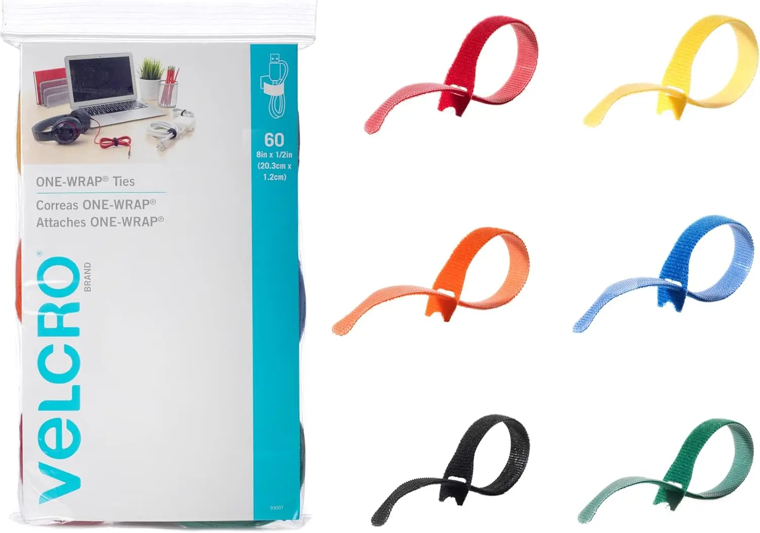 

60-Pack Reusable Cable Ties, 8x1/2 inch Multicolor Straps for Wire Management, Home Office & Data Centers