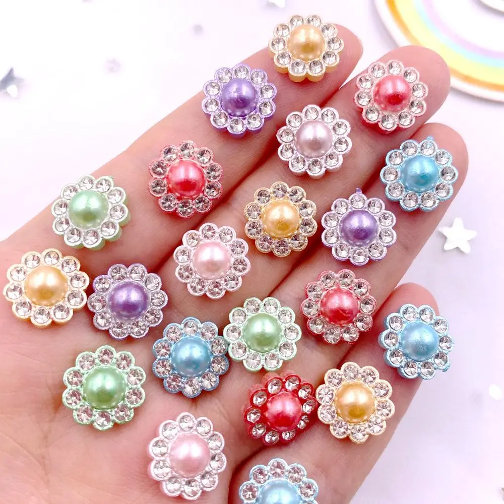 50pcs 12mm Resin Flower Round Pearl Flatback Crystals Nail Rhinestone Buttons Appliques Wedding DIY Scrapbook Craft Accessories