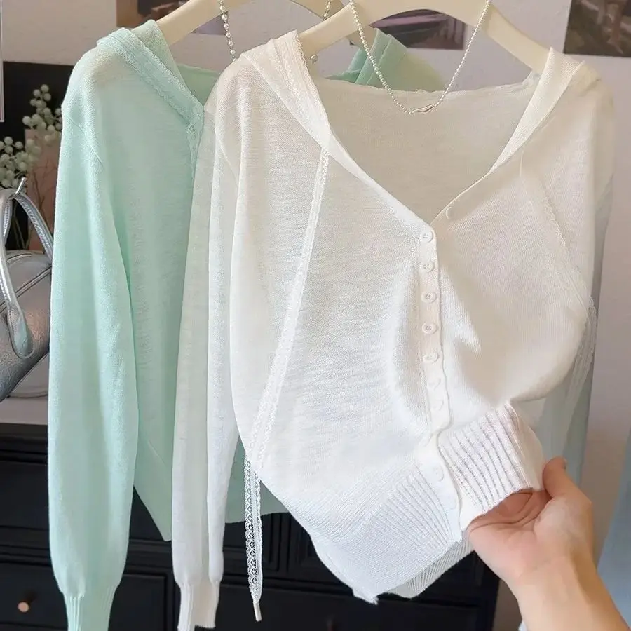

Women Ice Silk Hooded Knitted Cardigan Summer Solid Color Thin Sun Protection Outerwear Casual Lazy Style Tops