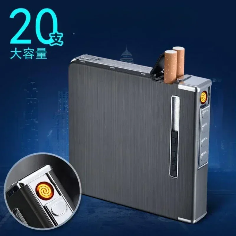 Hot sales Metal 20 Pack Coarse Cigarette Box USB Charging Windproof Cigarette Box Lighter Anti pressure and Waterproof Smoking