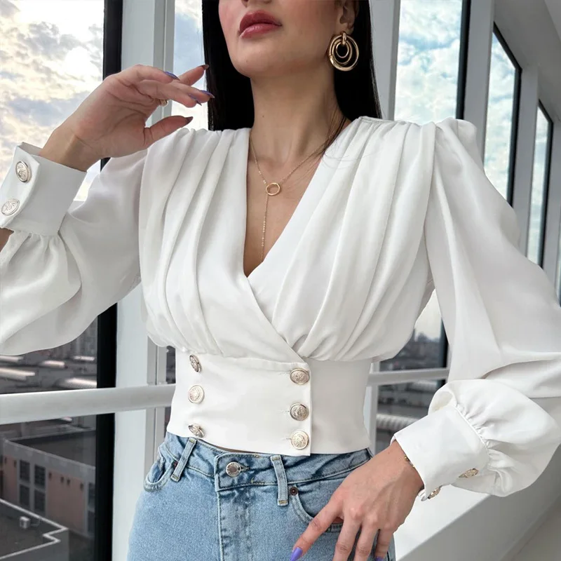 Casual Deep V Neck Solid Shirt Blouse Office Lady Fashion Elegant Long Sleeve Waist button Blouses For Women 2023 White Tops