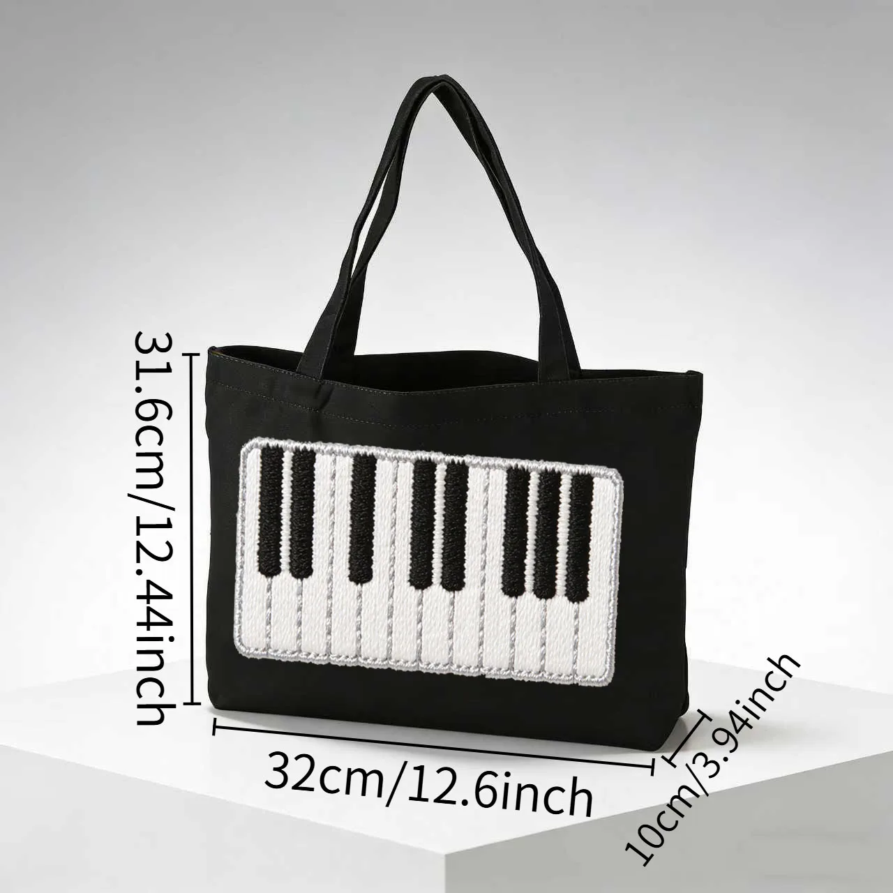 White Canvas Shoulder Bag with Large Capacity 2D Piano Pattern for Music Lovers And Students Personality Design Black And White