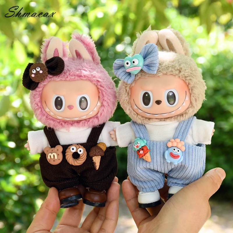 17cm Cute Mini Plush Doll's Clothes Outfit Accessories Only Clothes For Labubu Dolls Donut Overalls Clothing DIY Kid Gifts