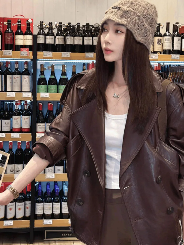 Vintage Faux Leather Jackets Long Sleeve Single Breasted Pockets Lapel Coats 2025 Autumn Wwinter New Lady Streetwears