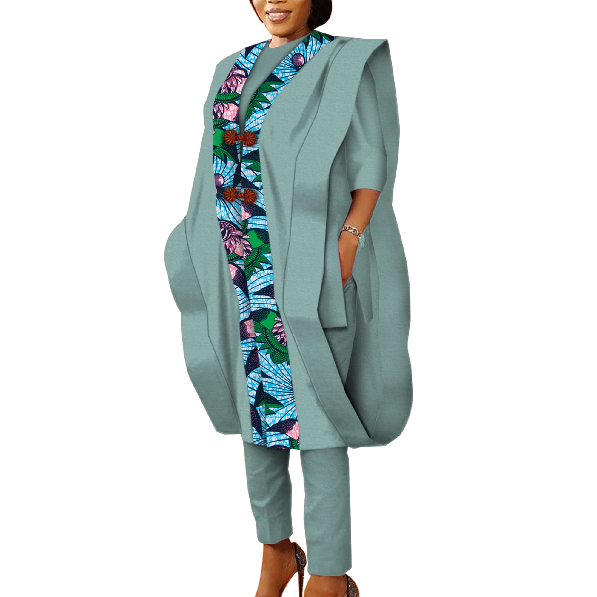 Conjunto de 3 uds de bata Agbada con estampado africano Ankara para mujer, Tops, trajes de pantalón, Dashiki holgado de algodón, ropa de fiesta tradicional Wy5590