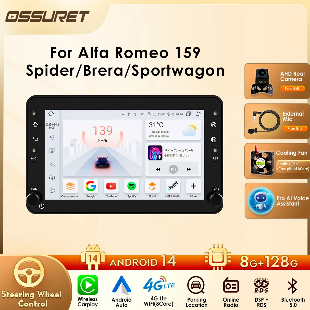 Radio de coche 1Din de 7 pulgadas para Alfa Romeo 159 Sportwagon Brera Spider, reproductor multimedia para coche, Android Auto, CarPlay, navegador, unidad principal, DAB, FM