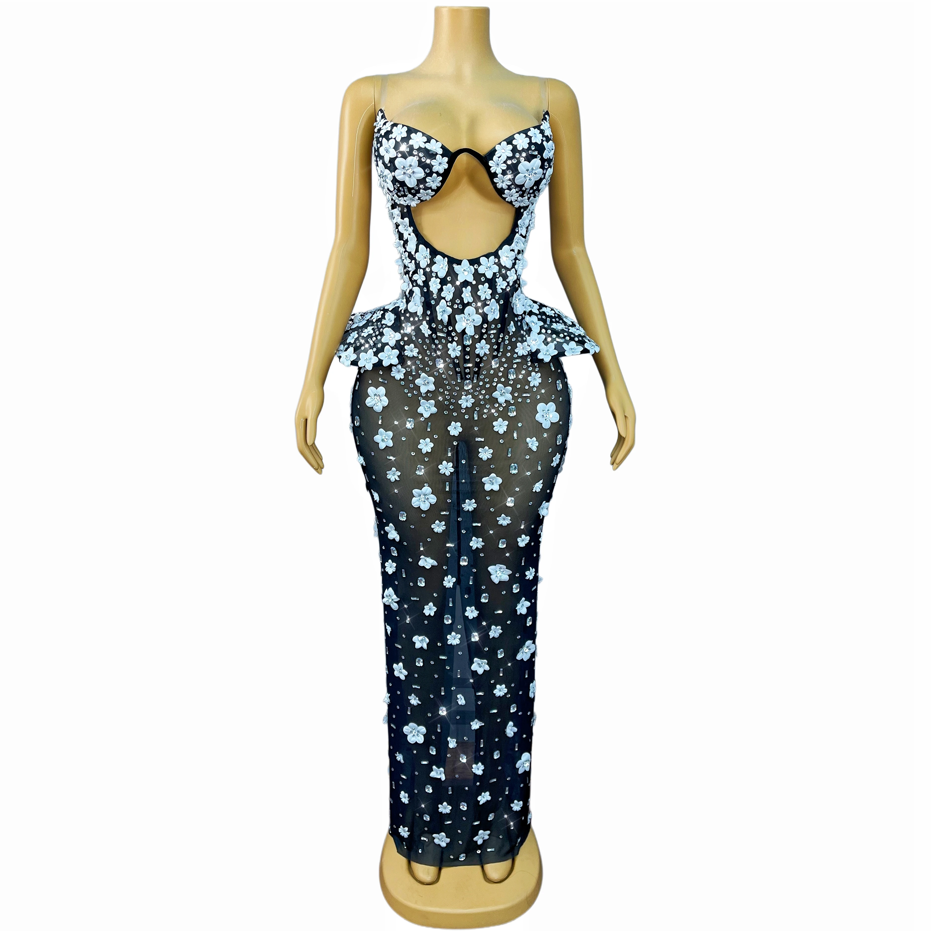Flashing Rhinestones White Petals Elegant Gown Sexy Transparent Mesh Dress Evening Party Gown Red carpet Show Outfit Bailianhua view 2