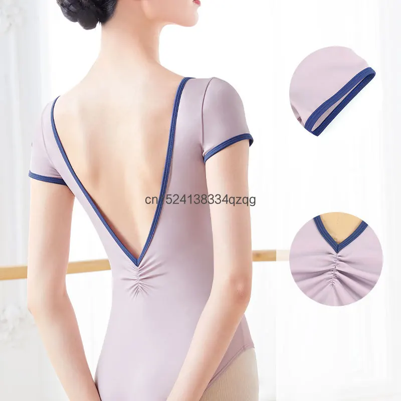 Justaucorps de Ballet femme justaucorps de gymnastique en Nylon manches courtes col rond dos en V justaucorps de danse body de danse