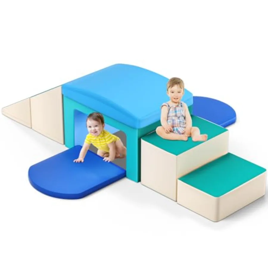 

Foam Climbing Blocks for Toddlers 1-3 - Soft Play Set with Slide Stairs and Tunnel - Blue Foam Climbing Toys - Safe Non-Slip Ba