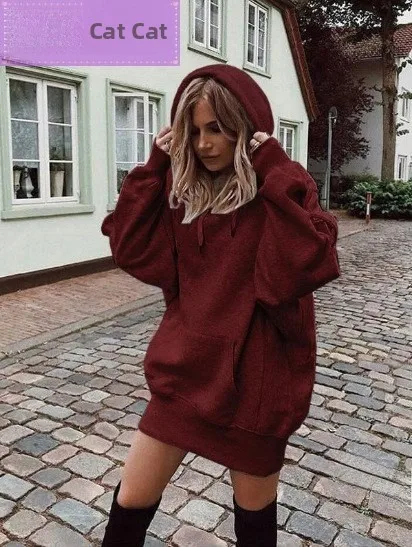 Sudadera larga con capucha Fce de gran tamaño para mujer Dr de longitud media, informal, cómoda, holgada, con capucha de fibra de poliéster Dr