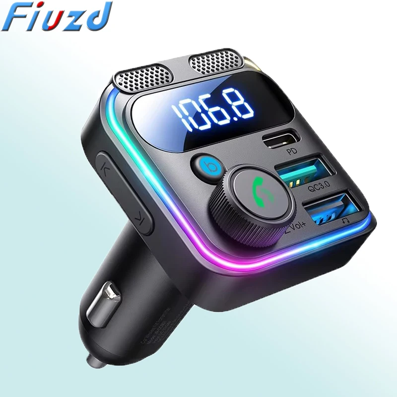 81W Bluetooth 6.0 Car FM Transmitter Dual Mics PD&QC 3.0 Car Fast Charging Charger Adapter U Disk Hands-Free Calling