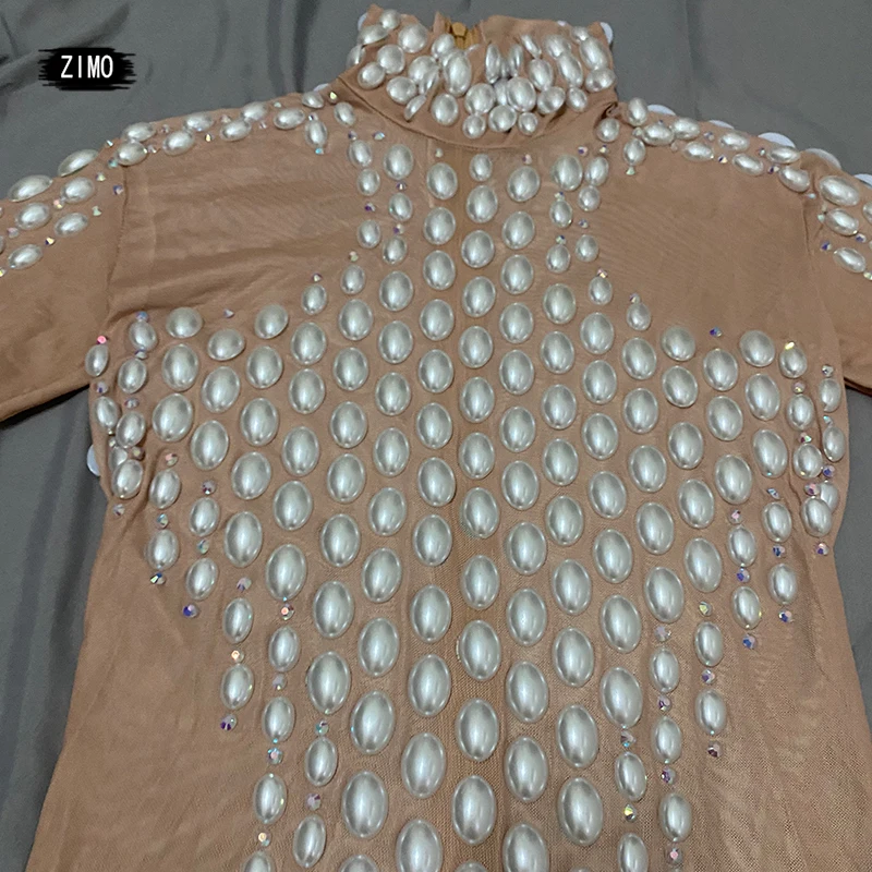 Nuovo stile Abito in rete di strass e perle di alta qualità, abito da ballo sexy a maniche lunghe, costume da cantante femminile, festa notturna di compleanno