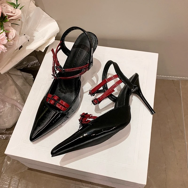 2026 Spring and Summer New Contrasting Color Sexy Lace-up Pointed Toe Back Trip Strap High Heel Sandals