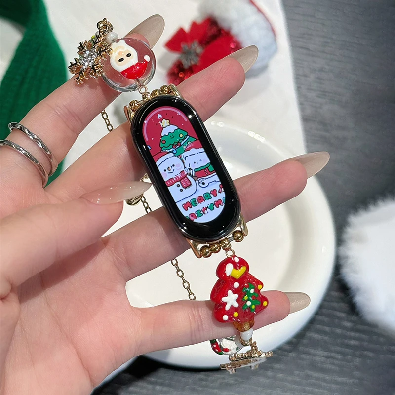 Santa Claus Metal Strap for Xiaomi Mi Band 9 8 7 Christmas Bead Bracelets for Redmi Watch 4 Replacement Wristband for Mi 6 5 4 3