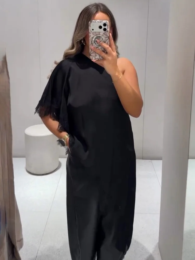 

HH 2026 Women Elegant Sexy Asymmetrical Off Shoulders Lace Decoration Fashion Tops Female Summer Chic Solid Casual Street Tops