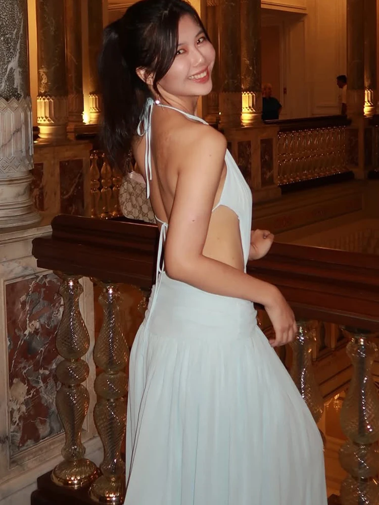 

Женское платье-макси Sisterlinda с открытой спиной, на бретелях, без рукавов, с драпировкой, модное летнее облегающее платье для выпускного вечера, элегантное шикарное платье-вестидос