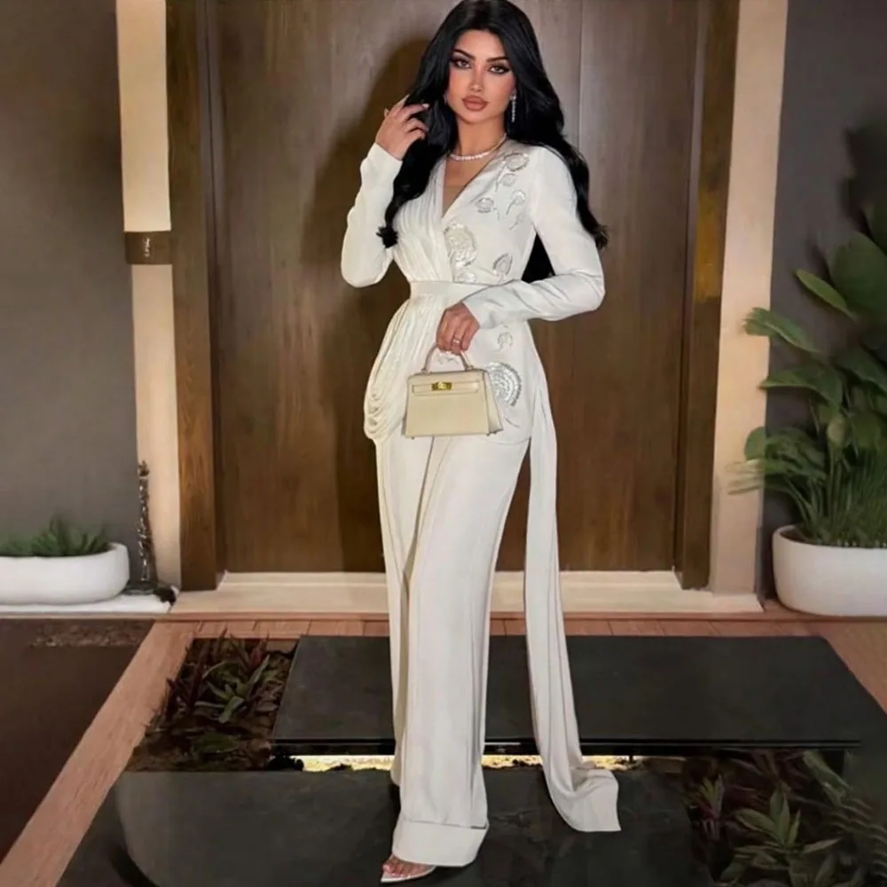 

Индивидуальное высококачественное платье длиной до щиколотки с v-образным вырезом и длинными рукавами, белое платье из бисера, Vestido Lorie Gece Elbisesi Düğün ă테일드레스 Robes De Soirée