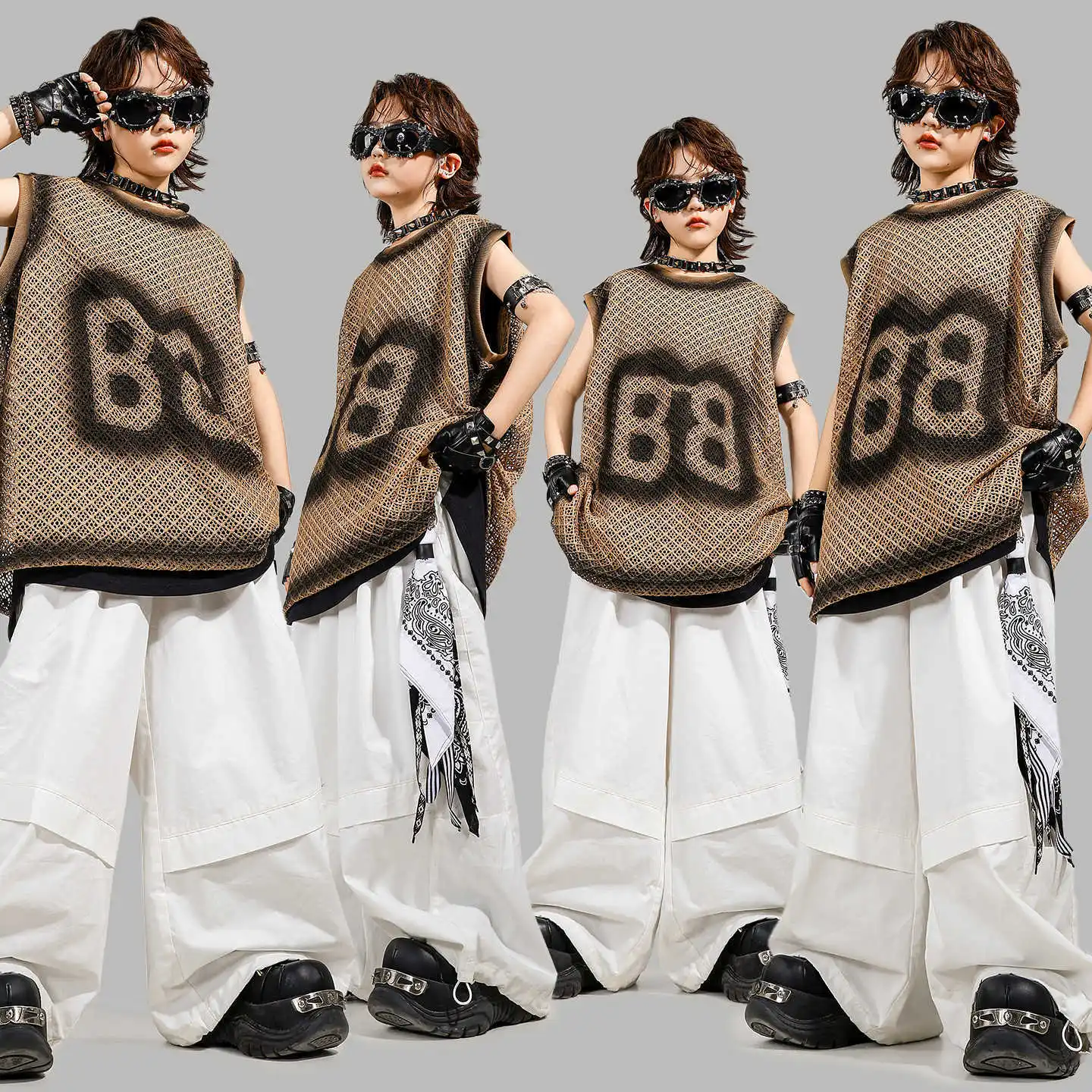 

Kid Kpop Hip Hop Clothing Coffee Knitted Net Tank Top White Casual Wide Parachute Pants for Girl Boy Jazz Dance Costume Clothes
