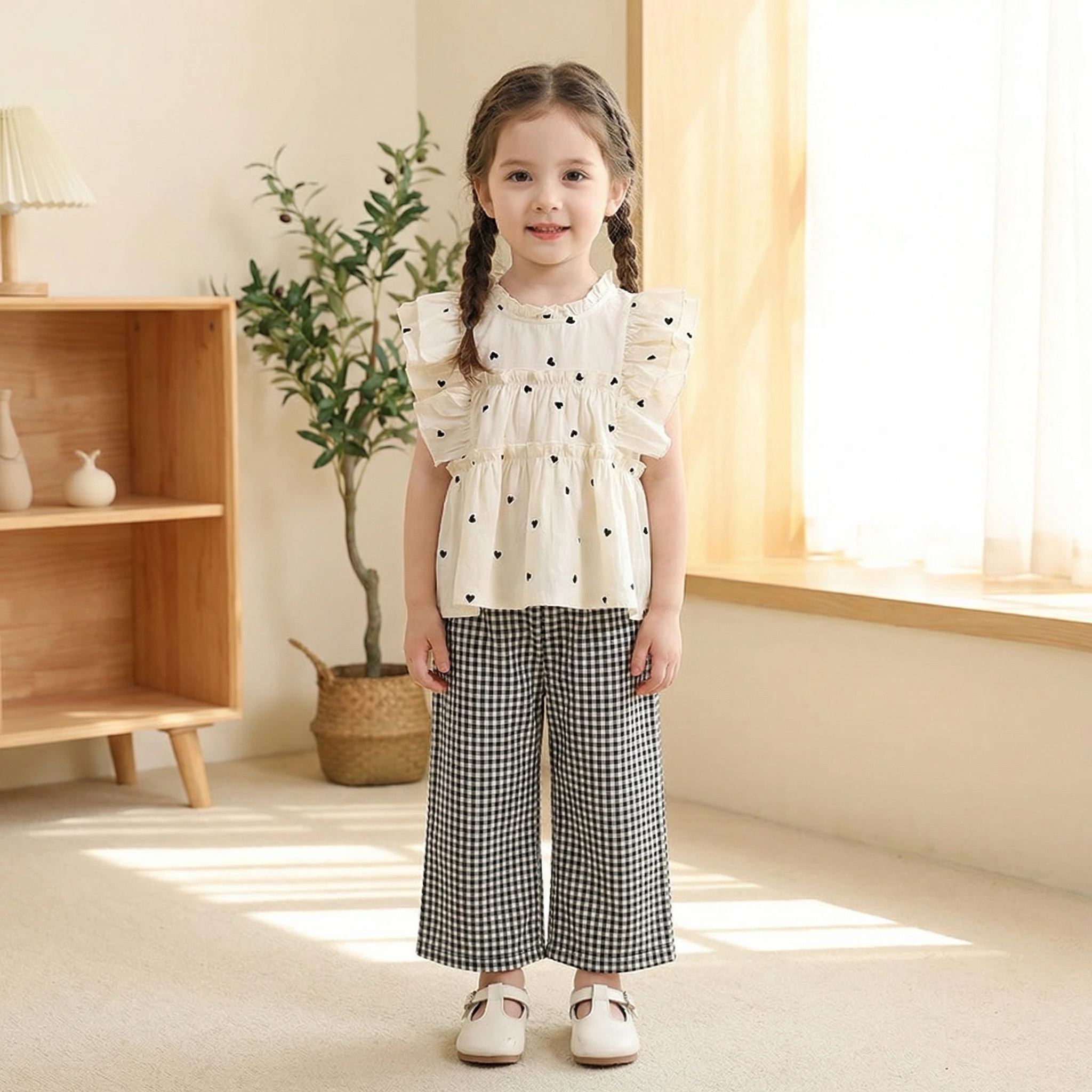 1-6Y Summer Cotton Children Set Girls Black Heart Ruffle Sleeve Tee+Plaid Pants 2Pcs Clothes Loose Thin Kids Suit