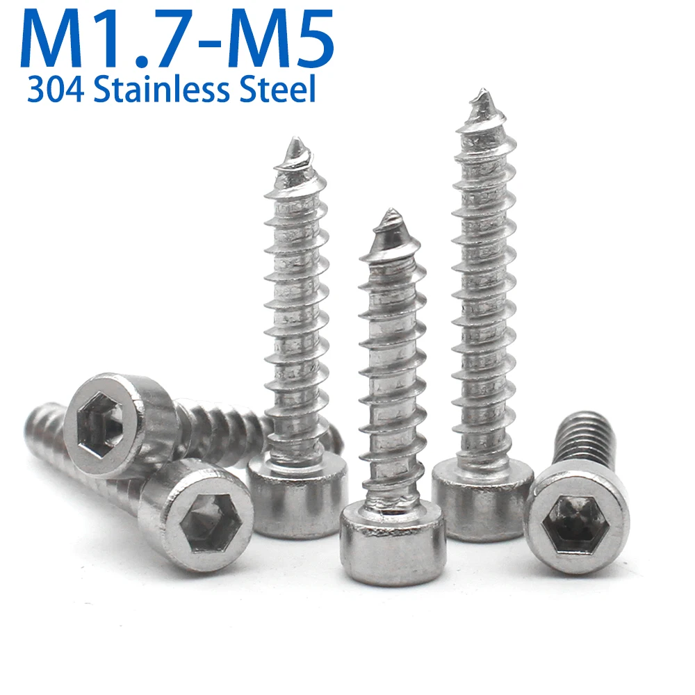 

20-200pcs 304 Stainless Steel Hex Screw M1.7 M2 M2.6 M3 M3.5 M4 M5 Hexagon Socket Cap Head Self Tapping Screw Allen Head Screws