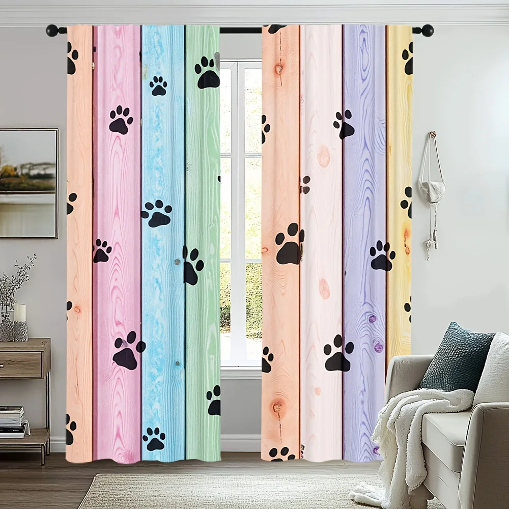 Rustic Wooden Farmhouse Paw Print Curtains Panel Window Drapes Pet Dog Cat Beige Panels Curtains Pair 2pcs