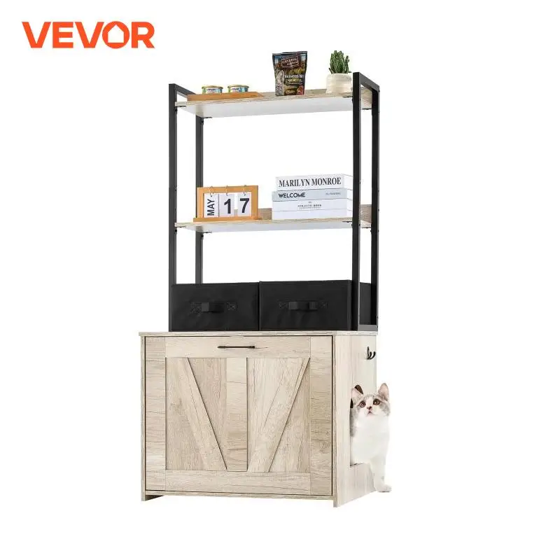 VEVOR Cat Litter Box Enclosure Hidden Litter Box Furniture with 2 Storage Shelves & 2 Baskets Wooden Cat Washroom Indoor House