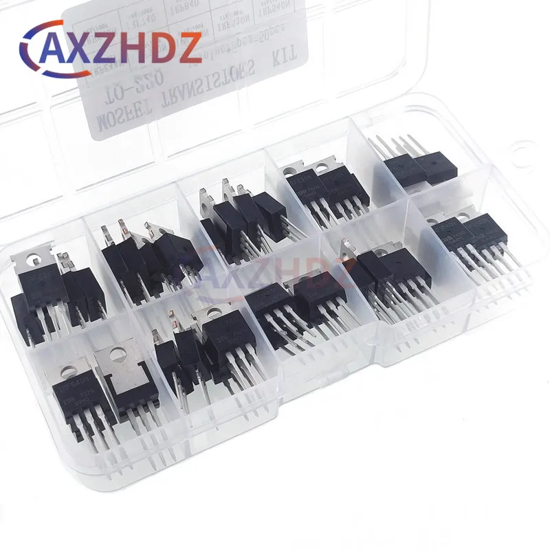 50pcs 10 Types Mosfet Transistors Assortment Kit IRF640 IRF740 IRF830 IRF840 IRF530 IRF630 IRF820 IRFZ44 IRF9540 IRF3205 Series
