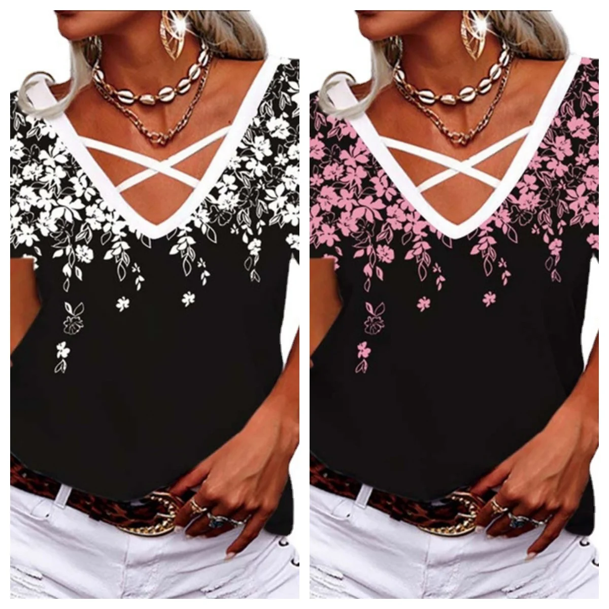 

Europe And The United States Spring And Summer New Short-sleeved Casual Loose V-neck Cross-printed T-shirt Women
