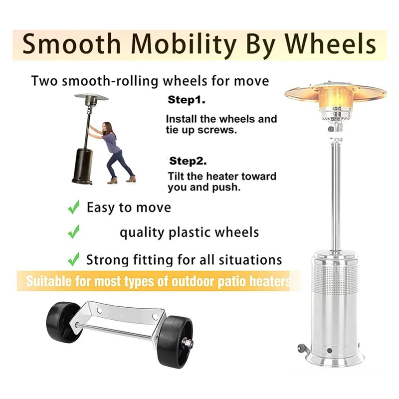 AB41-4X Universal Patio Heater Wheel Kit-Stainless Steel Silver Bracket + Black Wheels