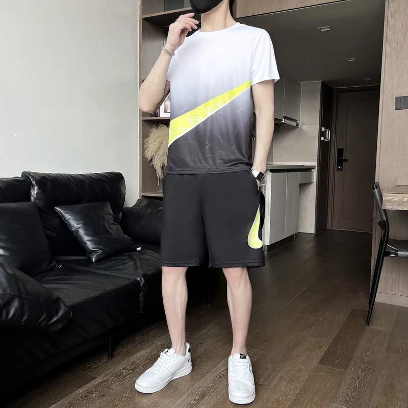 Summer Men's Clothing Gradient Pullover Round Neck Short Sleeve T-shirt Elastic High Waist Pockets Casual Loose Sweatpants Sets