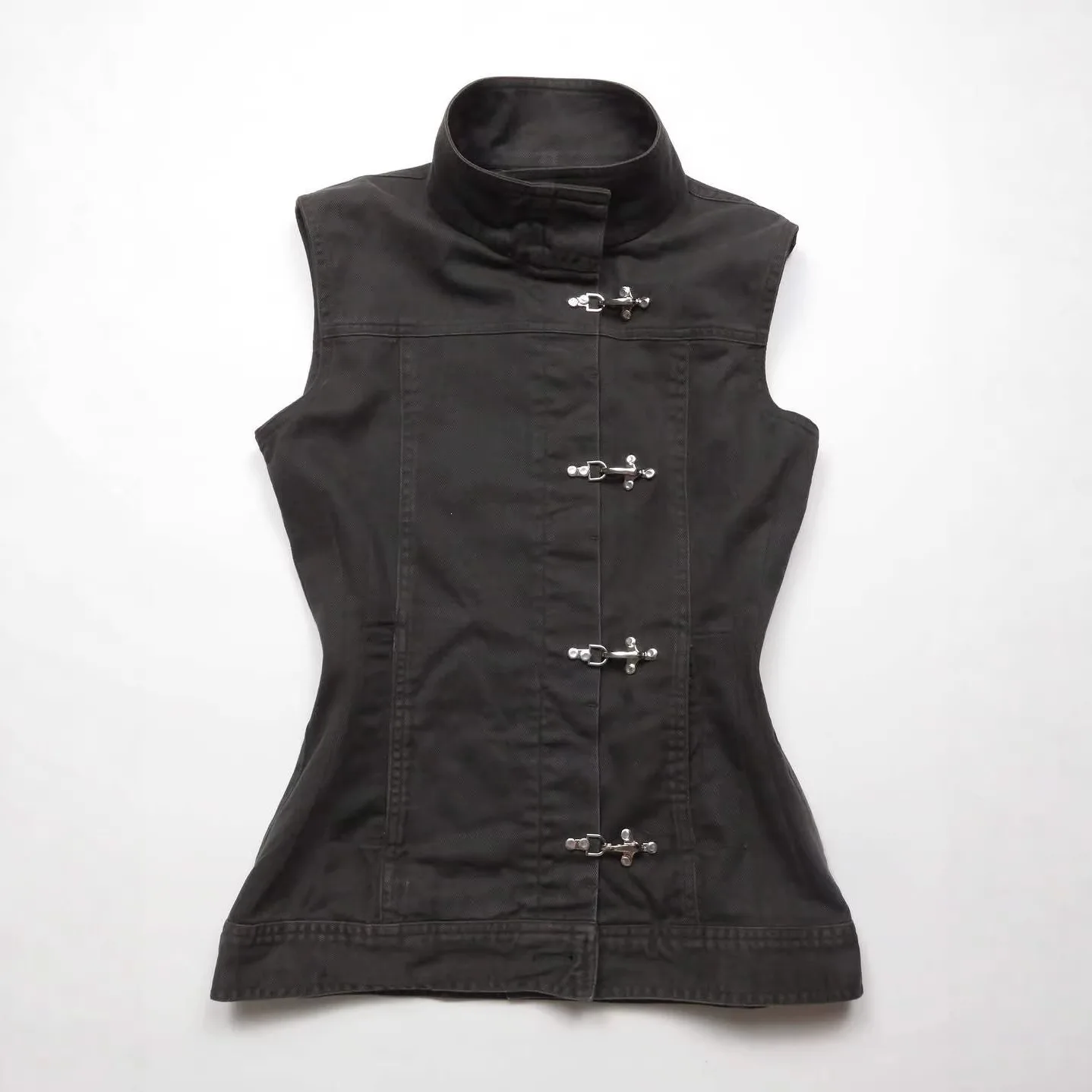 Damen Y2K Sweet Cool Neue Chinesische Vintage Einreihige Stehkragen Ärmellose Jeansweste Top – Detail 2