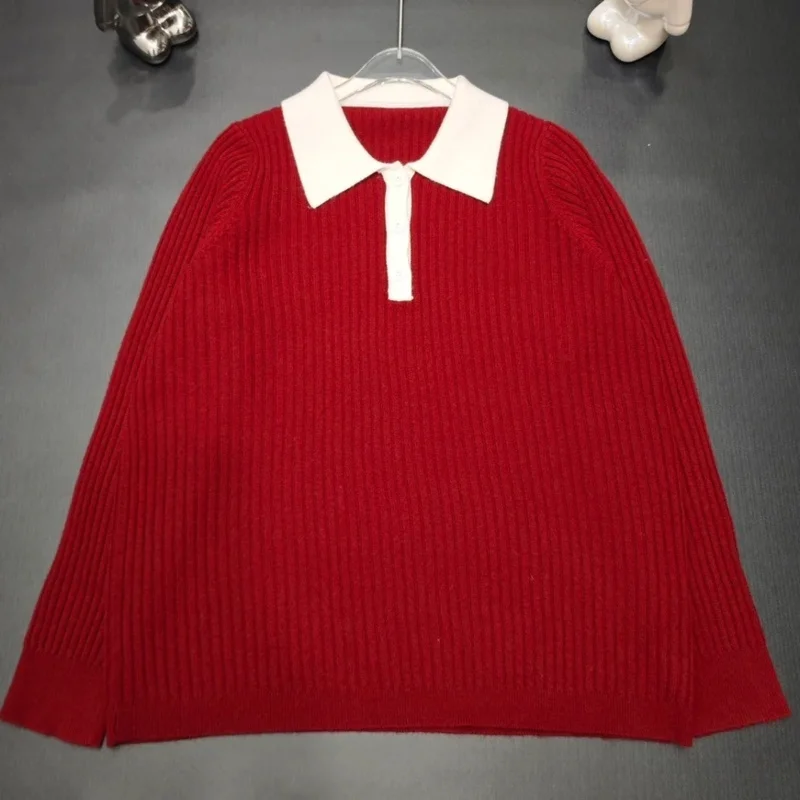 

High-quality women's knitted long-sleeved Polo-neck pullover sweater in red,white, loose and casual style for autumn 1122096