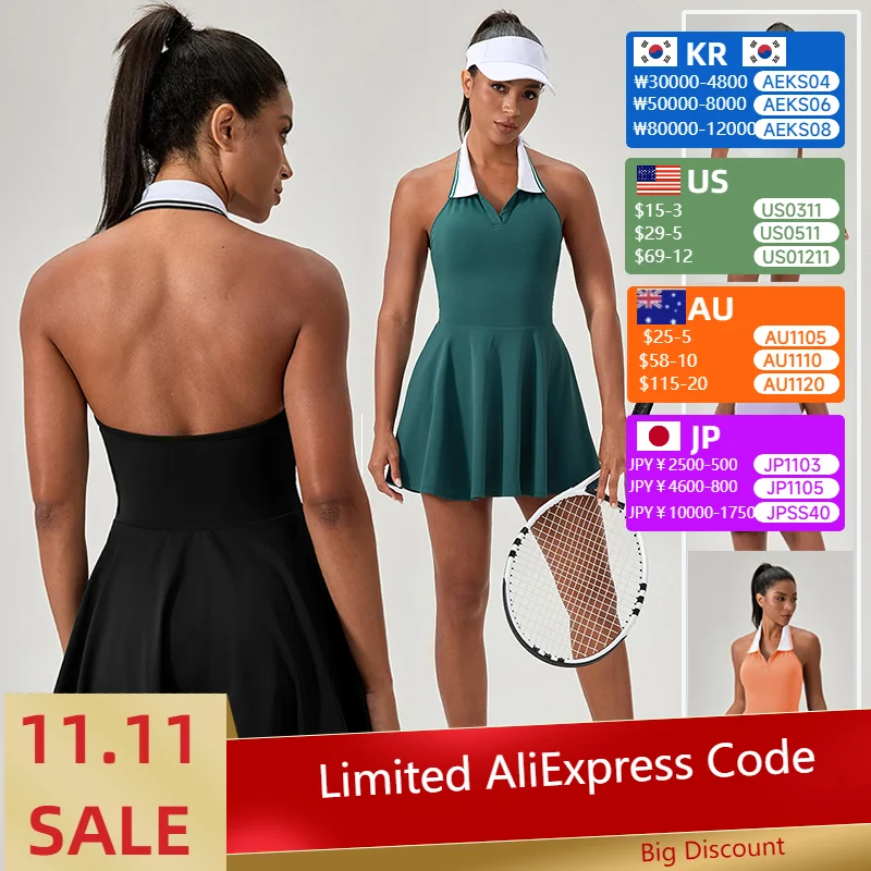 

Женское спортивное цельное теннисное платье, майка для йоги, воротник-поло, юбки для гольфа, бадминтона, платья с лямкой на шее и v-образным вырезом на спине, спортивный костюм