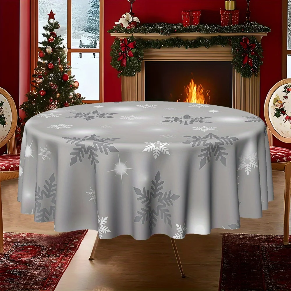 Christmas with Silver Snowflakes & Stars Twill Polyester, Large Round Dining Cover for Holiday Parties, Home Decor