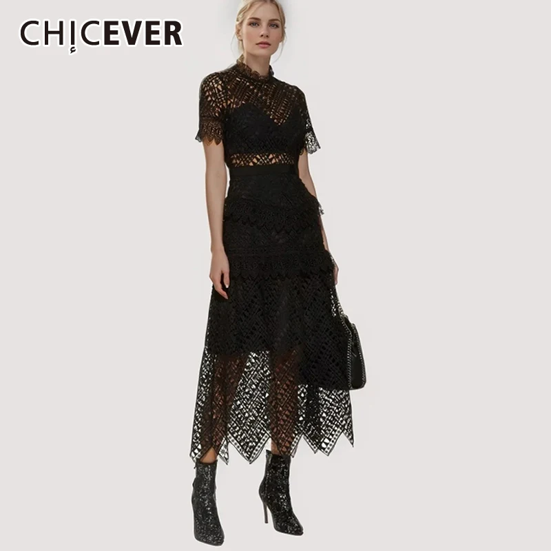 

CHICEVER Patchwork Lace Embroidery Dresses For Women Stand Collar Short Sleeve High Waist Hollow Out Solid Long Dress Female New