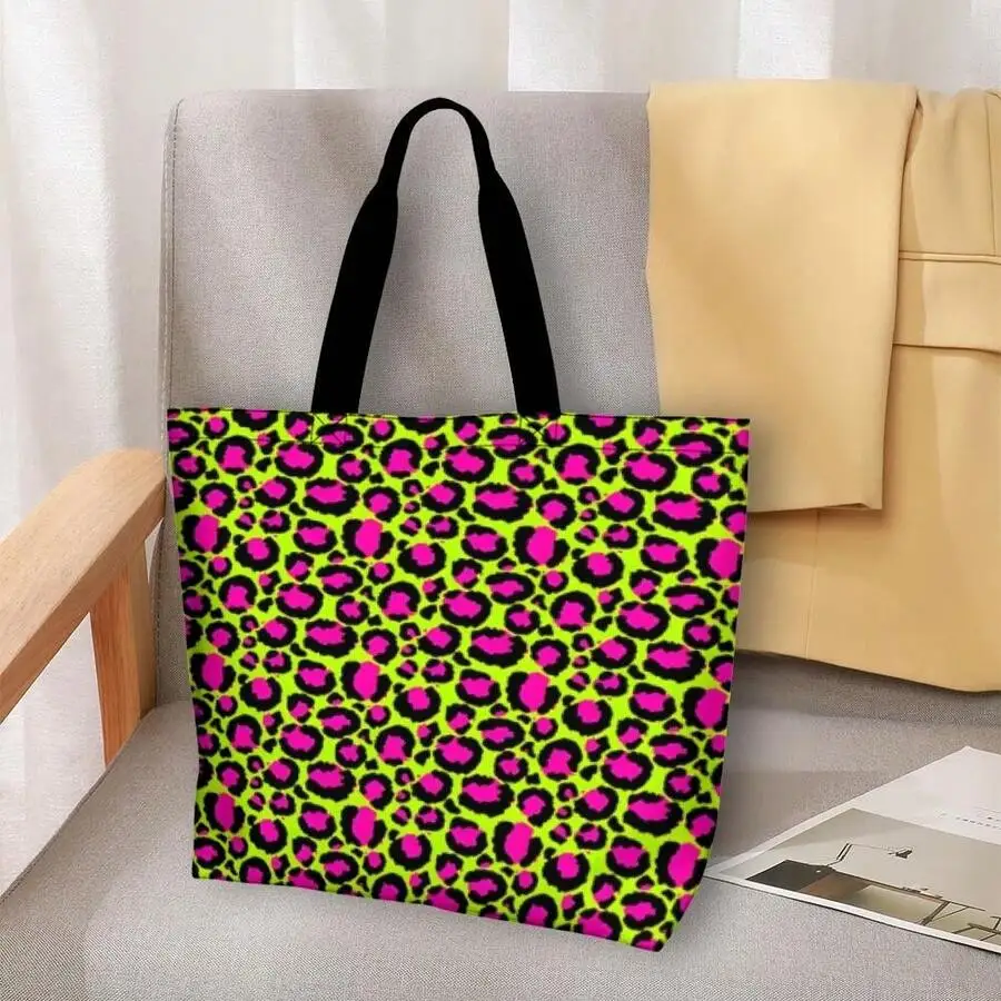 Neon Leopard Print Tote Bag Women Fashion Casual Handbag Hot Pink Lime Green Animal Print view 4