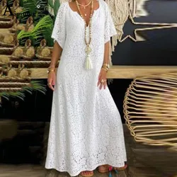 2025 Women Boho Lace Solid White Perspective Dresses Autumn Long Maxi Dress Plus size 4xl 5xl Ladies Vintage Simple V-neck Dress