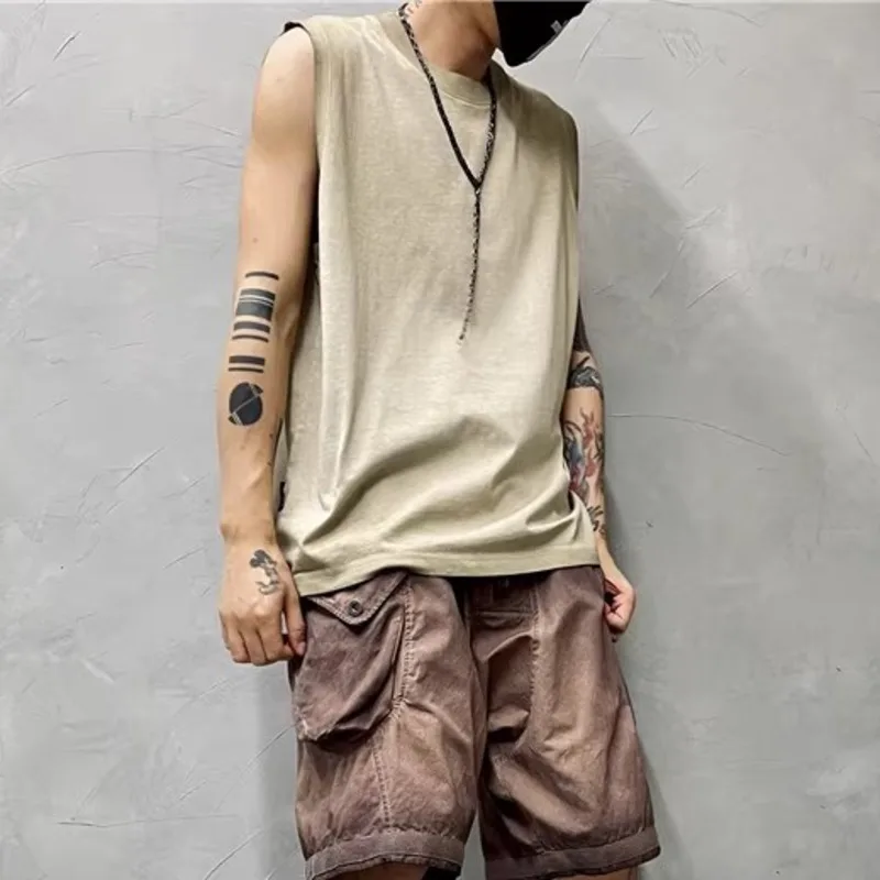 HKSH Men\'s Punk Garde-Avant Waste Land Vintage Loose Vest Shoulder Retro Trend Sleeveless T-shirt Casual Bottom Tank Tops HK1306