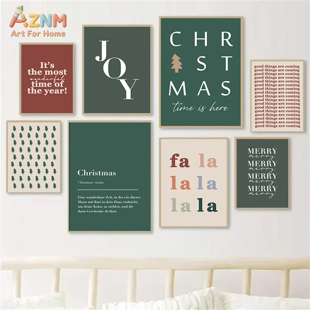 AZNM Vintage Christmas Letter Canvas Wall Art Xmas Slogan Pine Tree Text Print Green Red Neutral Tone Holiday Home Bedroom Decor