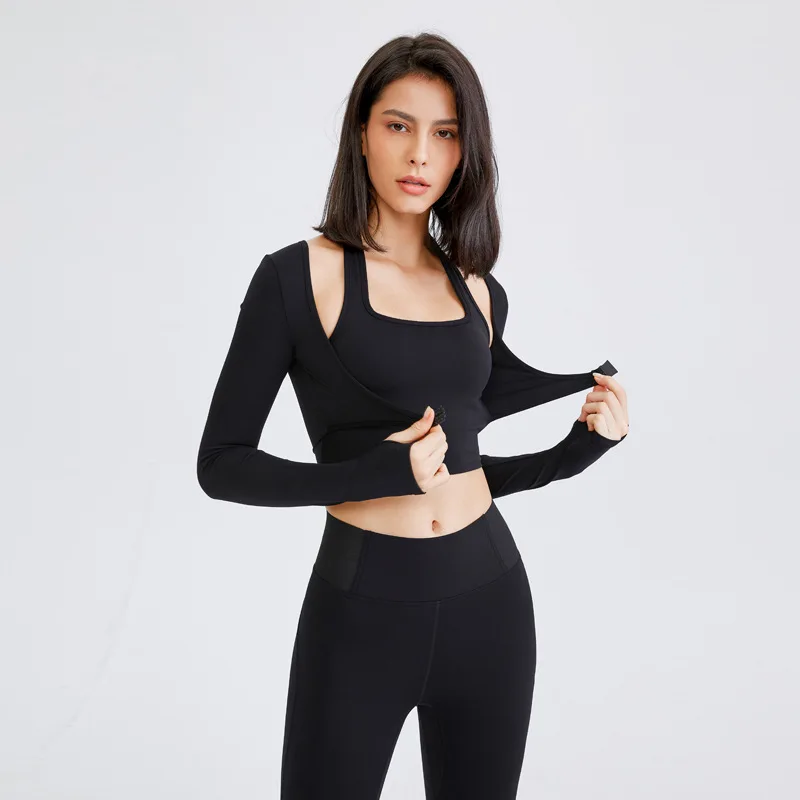 Sexy Long Sleeve Sport T-shirt Women 2 In 1 Crop Top Fitness Workout Yoga Jersey  Gym Cropped Shirts