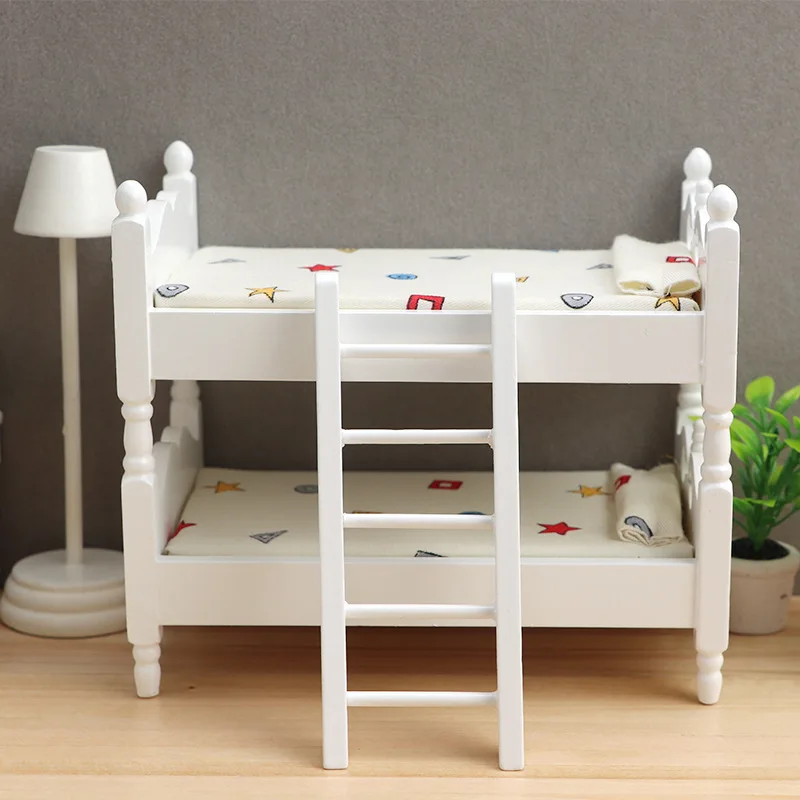 Meubles miniatures pour chambres d'enfants, accessoires pour maison de poupée, blanc, Adorable lit Miniature à Double couche, modèle de jouets, 1:12