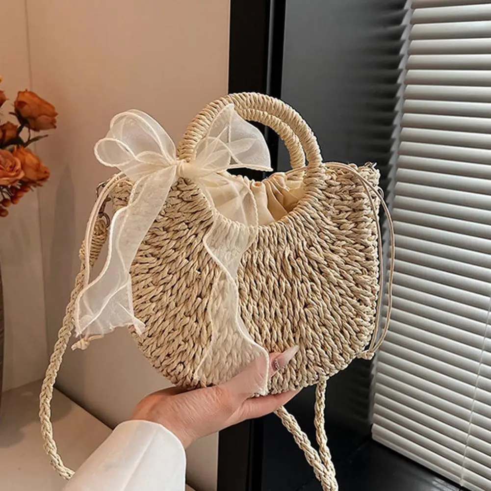 

Boho Straw Woven Small Crossbody Purse with Detachable Strap Round Top Handles Shoulder Handbag for Daily Errands Vacation