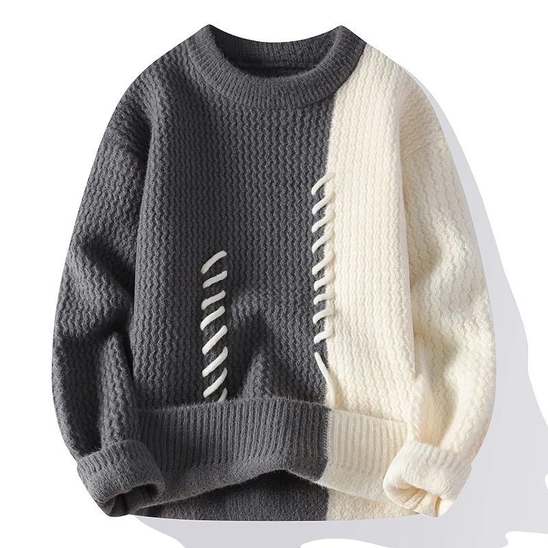 2025 Autumn and Winter New Men's Round Neck Knitted Sweater Fashionable Casual Color Blocked Warm Pullover High-quality Top