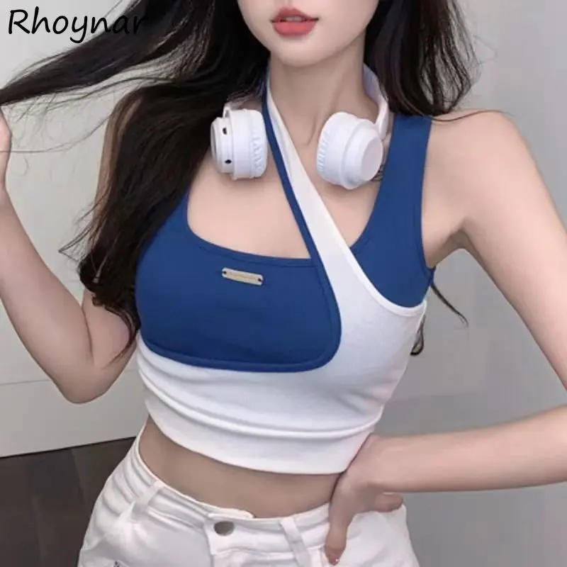 

Женские майки, Новое поступление, модный лоскутный дизайн, милый нерегулярный укороченный топ с лямкой на шее, внутренний пупок, сексуальный модный топ в стиле Харадзюку, High Street