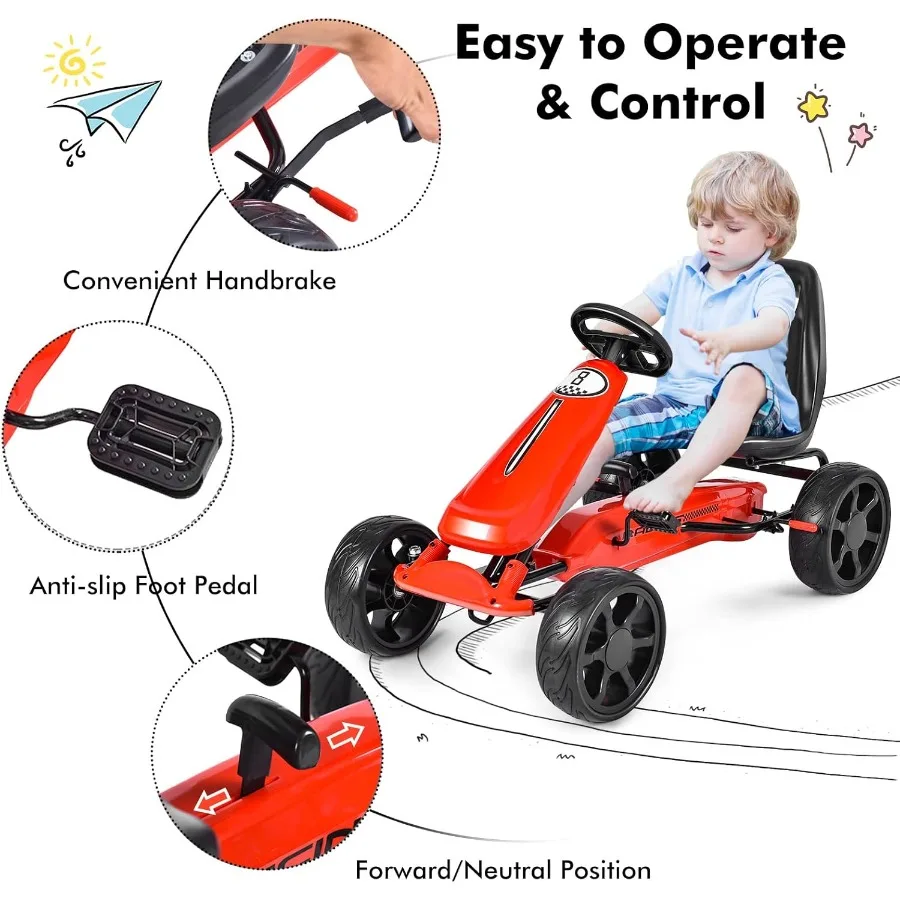 ペダルゴーカート 4輪動力付き乗用玩具 ペダルカー 人間工学に基づいた調節可能なシート ハンドブレーキ 滑り止めゴム製ホイール付きゴーカート