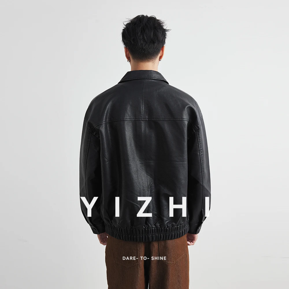 Vestes en cuir PU pour hommes, tendance, classique, couleur unie, jambe droite, décontractée, revers, manteaux sociaux polyvalents, hauts Streetwear