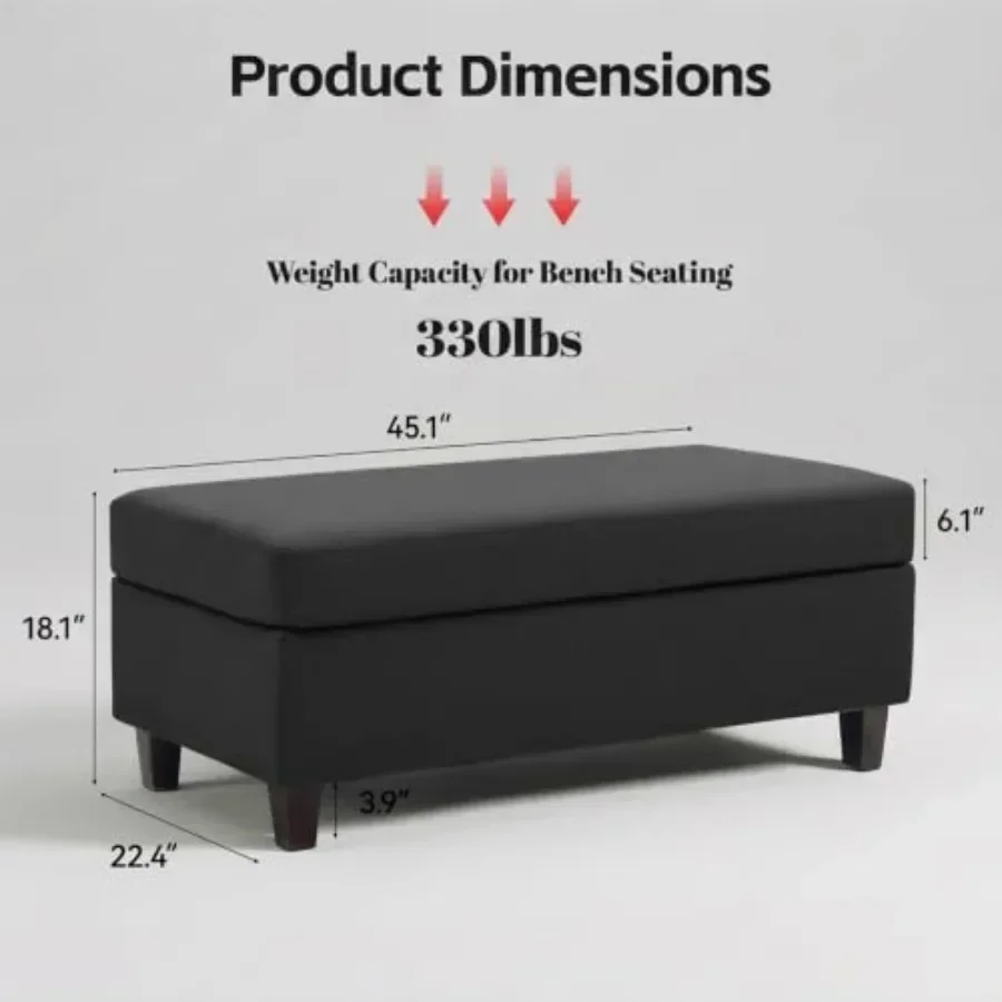 45 Ottoman Coffee Table with Storage for Living Room, Bedroom, Entryway: Black Leather Upholstered Base, Reversible Wooden Tray